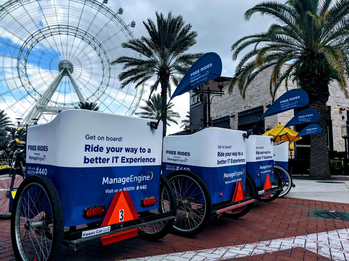 ManageEngine sponsored Free Rides pedicabs on International Drive in Orlando