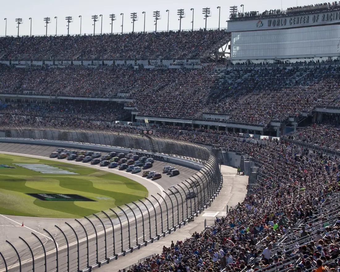 Packed grandstands at Daytona International Speedway on Daytona 500 race day