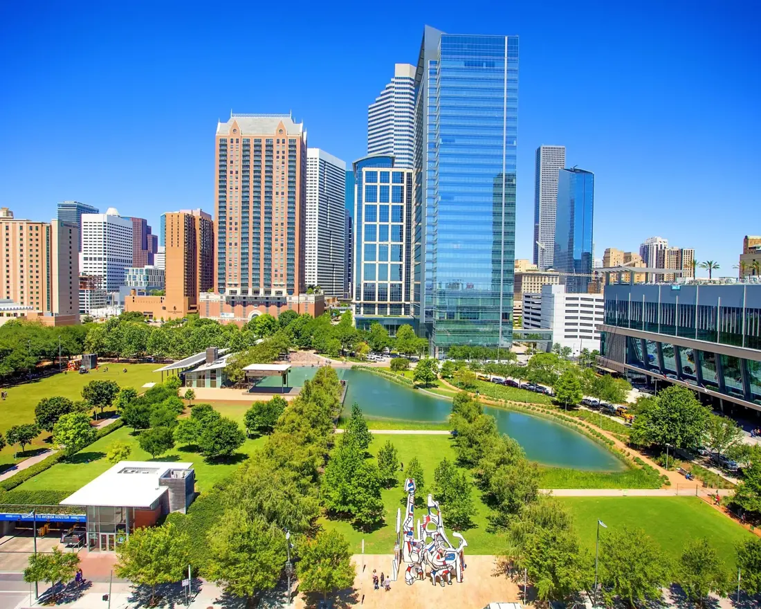 Discovery Green park and the downtown Houston convention district