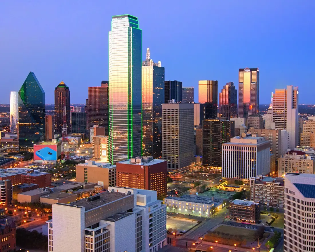 Downtown Dallas skyline at dusk