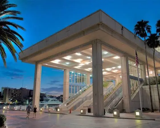 Tampa Convention Center waterfront entrance at dusk