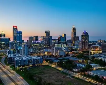 Uptown Charlotte skyline at sunset